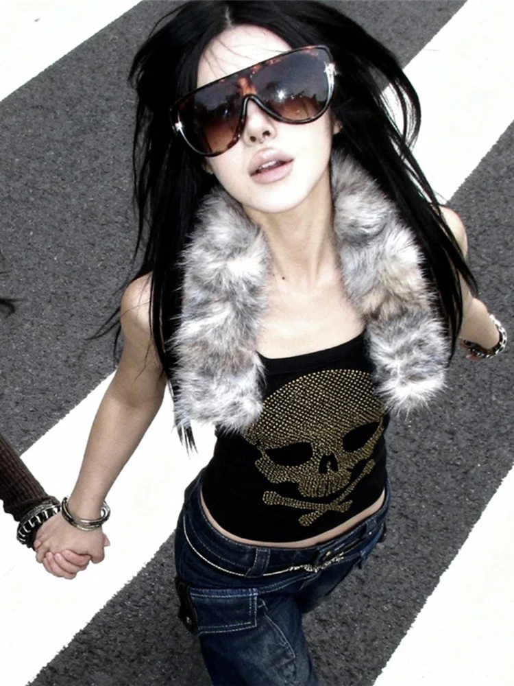 

Sisterlinda сексуальный дикий пушистый лоскутный топ на бретелях женский Холтер со стразами и принтом черепа Hottie в стиле панк Хэллоуин стрейч тонкая клубная одежда