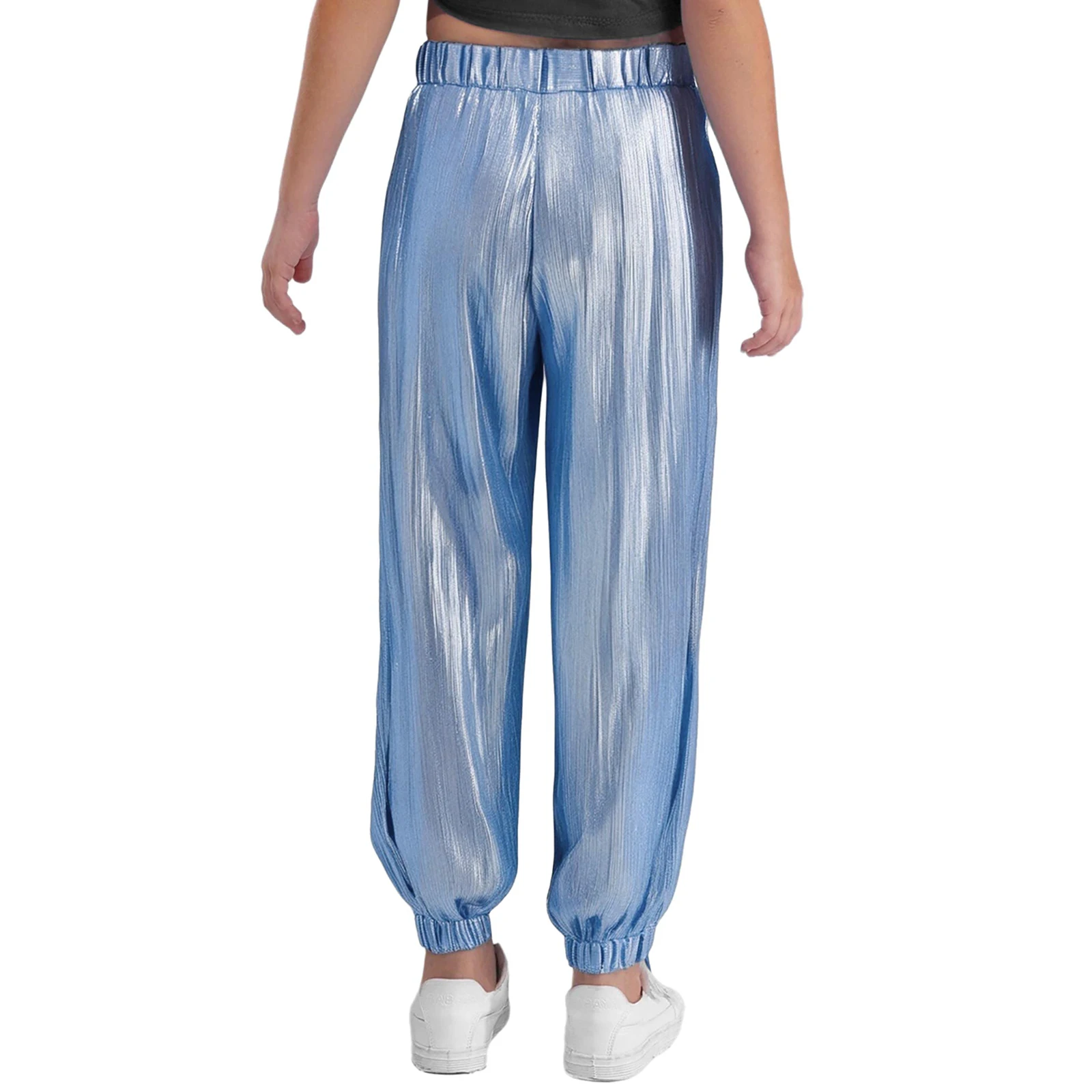 Girls Hip Hop Street Jazz Dance Pants Elastic Waistband Metallic Shiny Ribbed Trousers School Party Stage Performance Costume