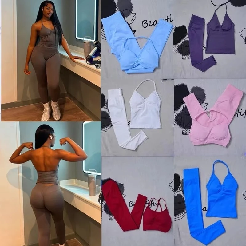 

Impact Seamless Yoga Set Women 2PCS Padded Halter Tank Top Scrunch Butt Lifting Gym Shorts Set Summer Sportswear Workout Clothes