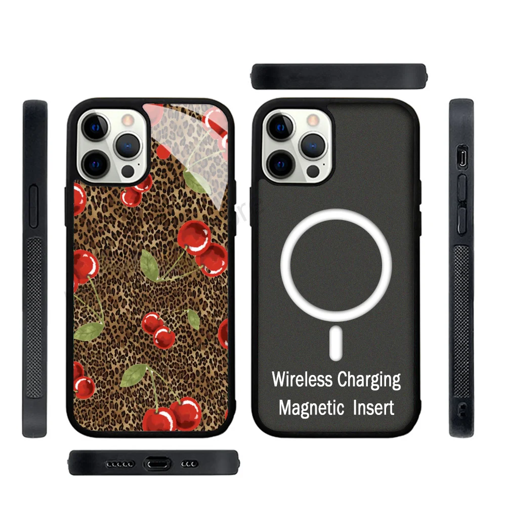 

Leopard Print Background Cherry Pattern Phone Case Strong Magnetic For IPhone 15 14 13 Pro Max 11 12 Mini For Magsafe