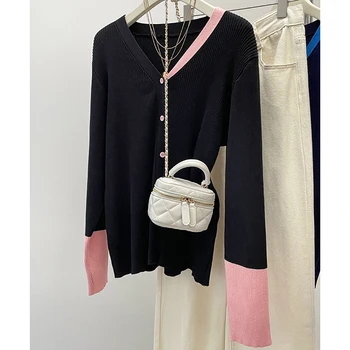 Plus Size Women's 2024 Autumn Outfit New Fashionable Contrasting Color Knitted Sweater Slightly Chubby Girl Sweater Base Sweater