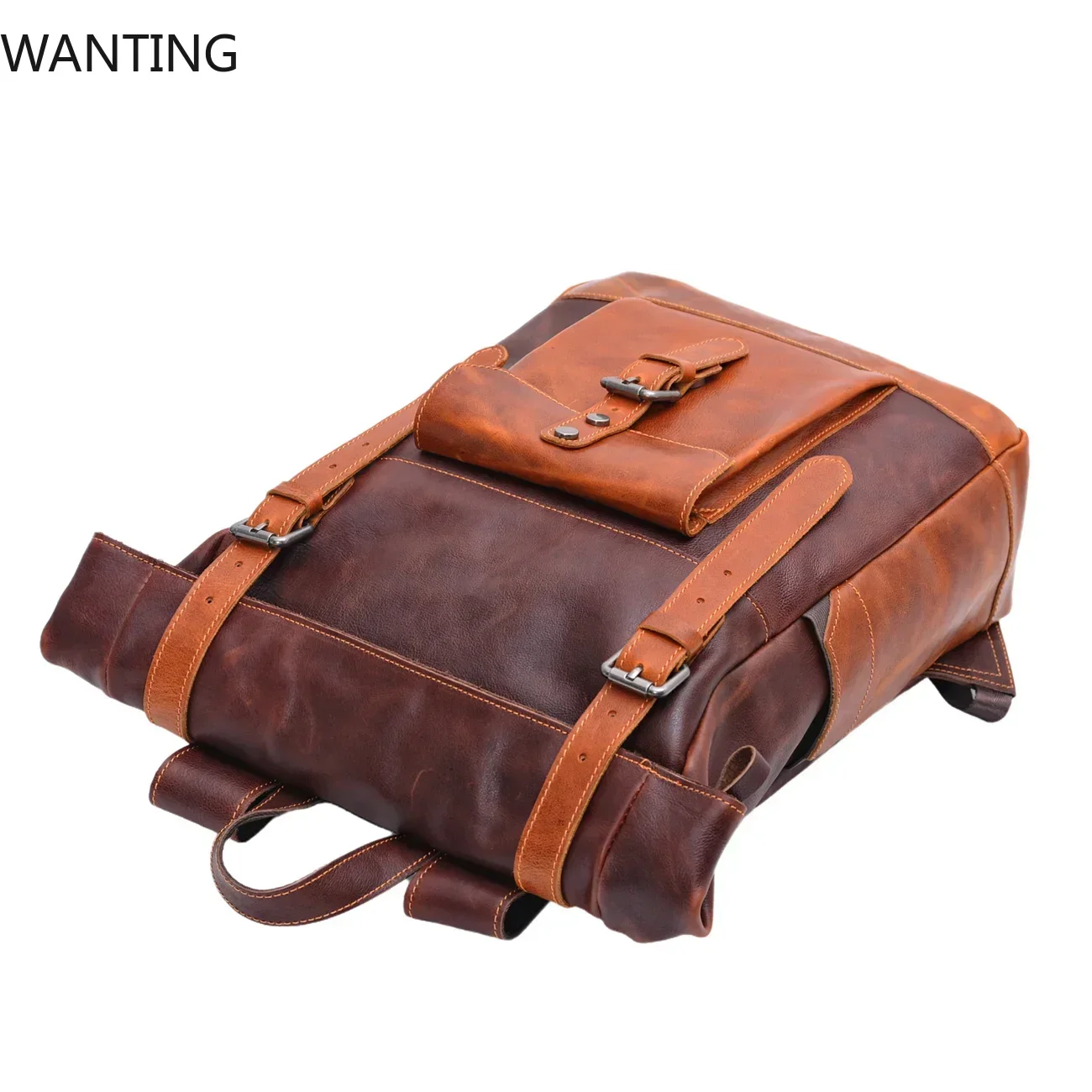 خمر صراع اللون الخضار المدبوغة حقيبة جلدية للرجال حقيبة كمبيوتر سعة كبيرة في الهواء الطلق المرأة حقيبة ظهر للسفر #3