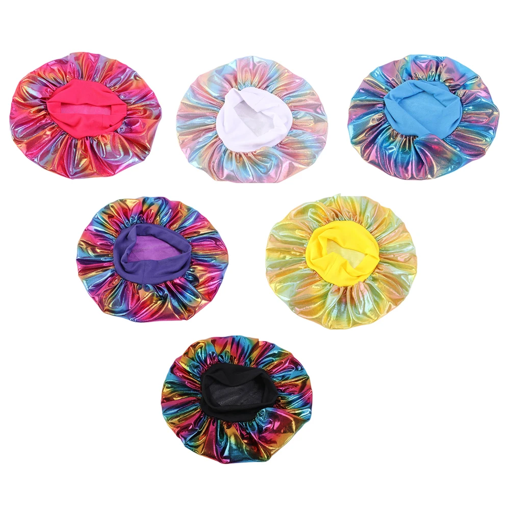 

6pcs Sleep Cap Satin Laser Night Hat Polyester Cloth Wide Brim Bonnet Hair Wrap Elastic Comfortable Breathing Soft