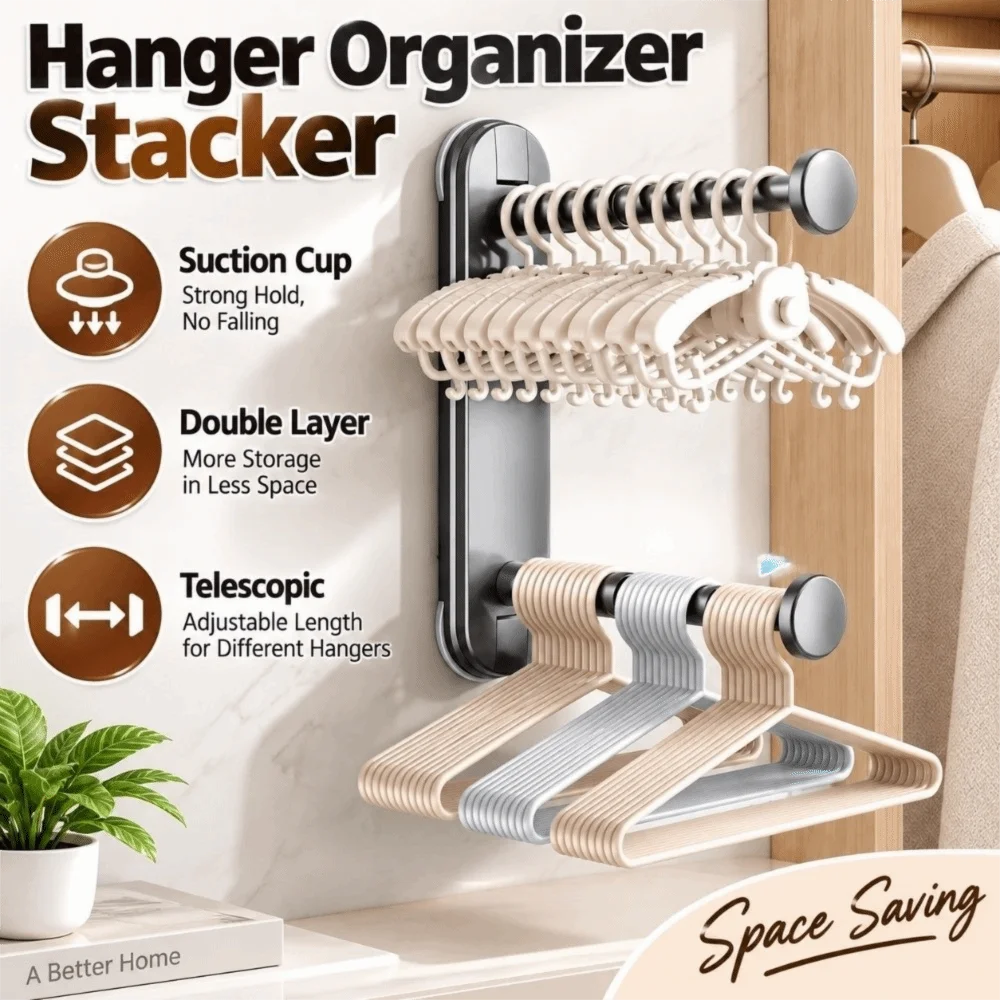 Suction Cup Hanger Organizer Stacker Telescopic Double Layer Clothes Hanger Storage Non Punching Non Marking
