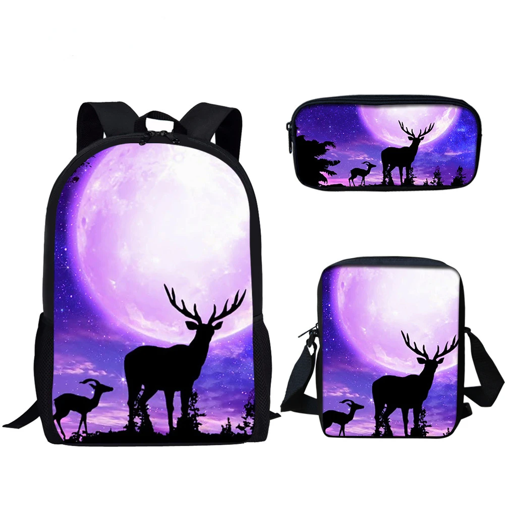 Cool Wild Animal Deer Pattern 3 pcs/Set, mochila con estampado 3D, bolso de hombro para ordenador portátil, estuche para lápices