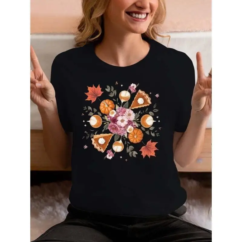 

Women Thanksgiving T-Shirt Fall Harvest Pumpkin Pie Graphic Tee Autumn Leaves Boho Aesthetic Nature Lover Casual Top Gift