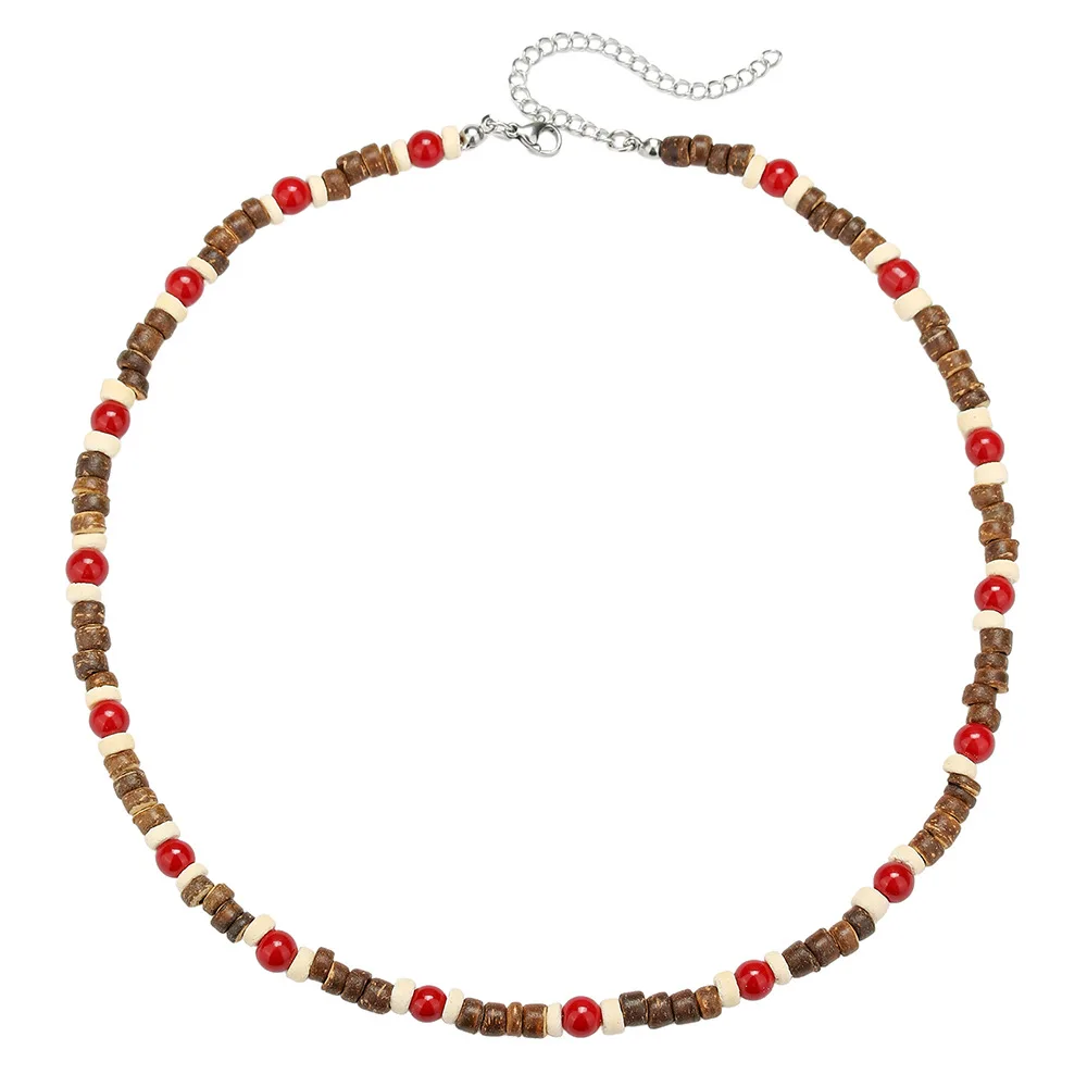 Böhmische Patchwork-Halskette aus roten Holzperlen und Kokosnussschalen für Männer, Hip-Hop, handgefertigter Choker, Retro-Schmuck, Modeaccessoire – Detail 6