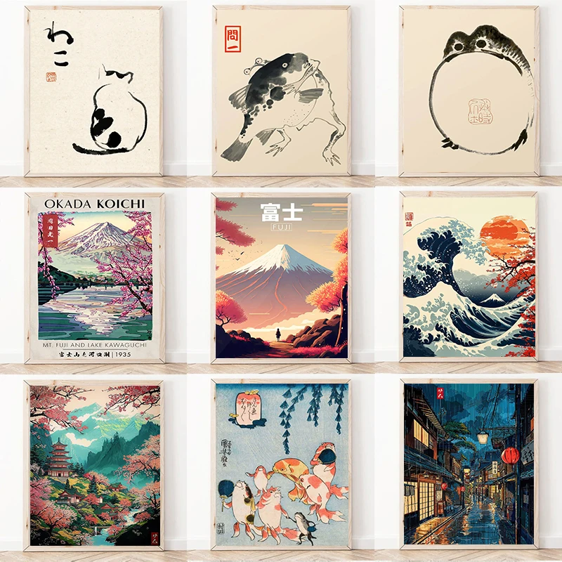 

Vintage Japanese Fuji Blossom Exhibition Poster Cat Ukiyo-E Tea House Prints Canvas Painting Wall Picture Home Living Room De