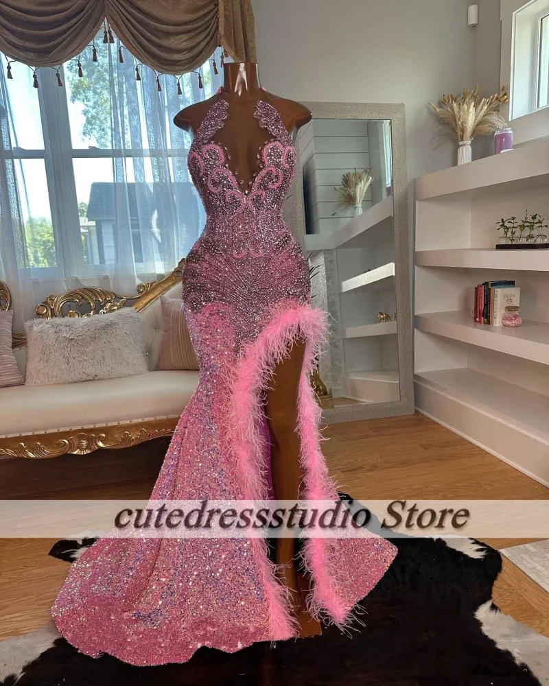 Sparkle Crystal Pink Prom Dresses 2025 Halter Afrcian Feather Sequin Party Gown Evening Dress Customized vestidos de graduación