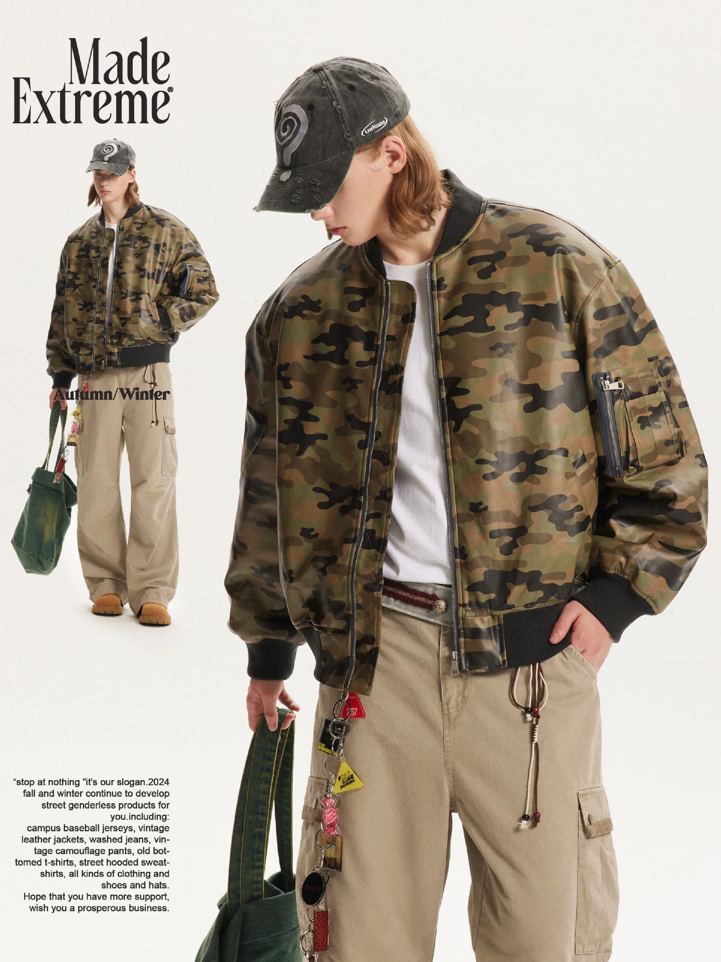 MADE EXTREME Camouflage PU Leather Padded Jacket Hip Hop Parkas Hombre 2024 Y2k Varsity Jacket