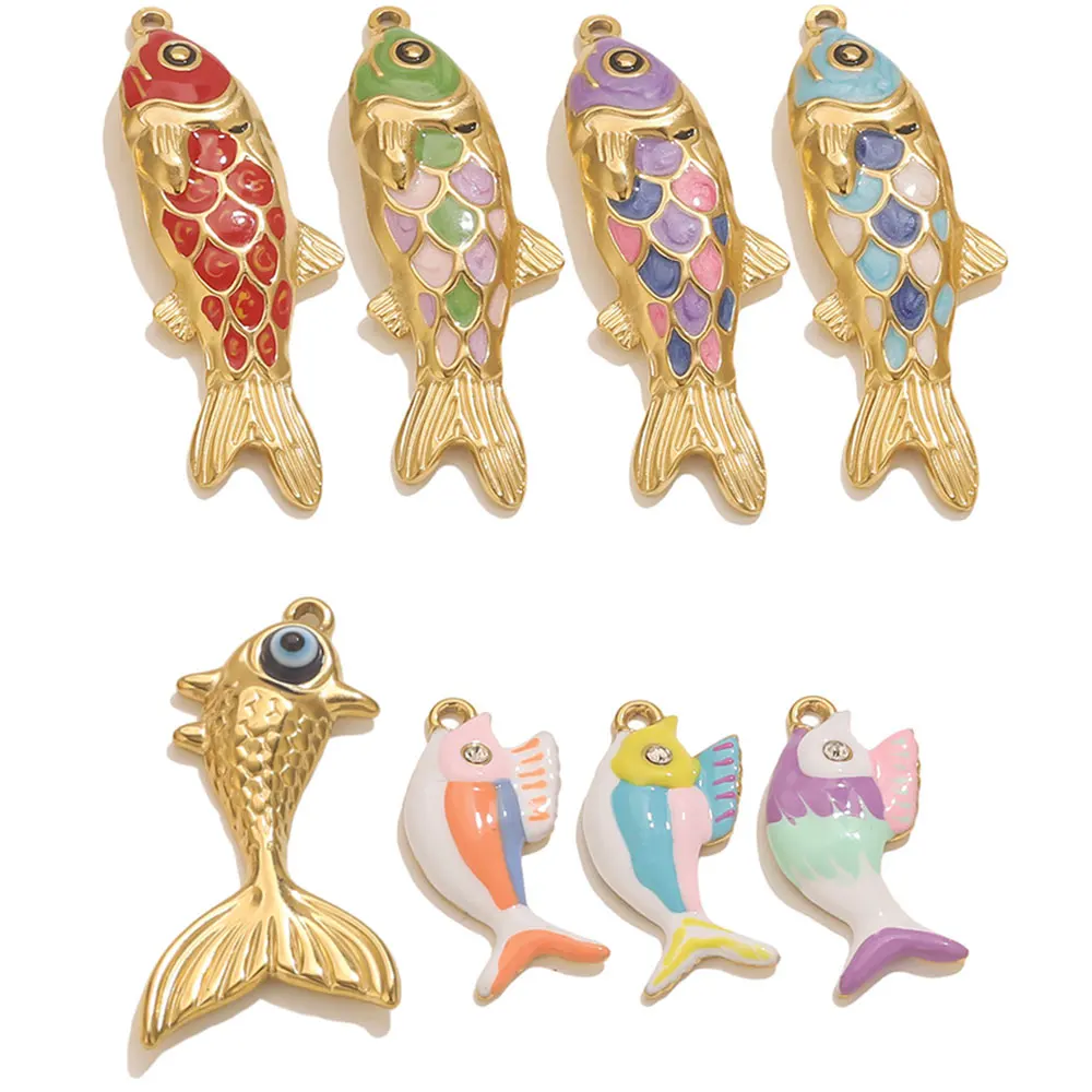 2-3pcs 스테인레스 스틸 귀여운 황금 에나멜 물고기 매력 Bohe DIY 쥬얼리 여성을위한 액세서리 만들기 목걸이 귀걸이 도매