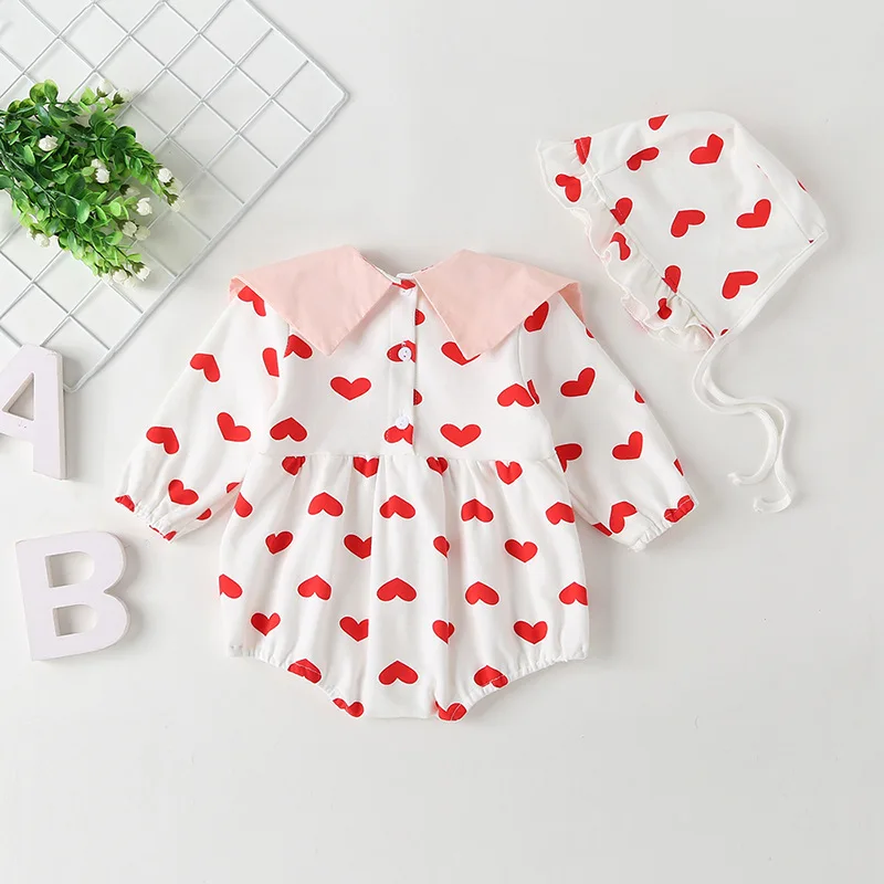 Korean Style Newborn Baby Girls Rompers Hat Set For One Month Ond Hundred Days Birthday Party Wear Sweet Long Sleeved Clothes