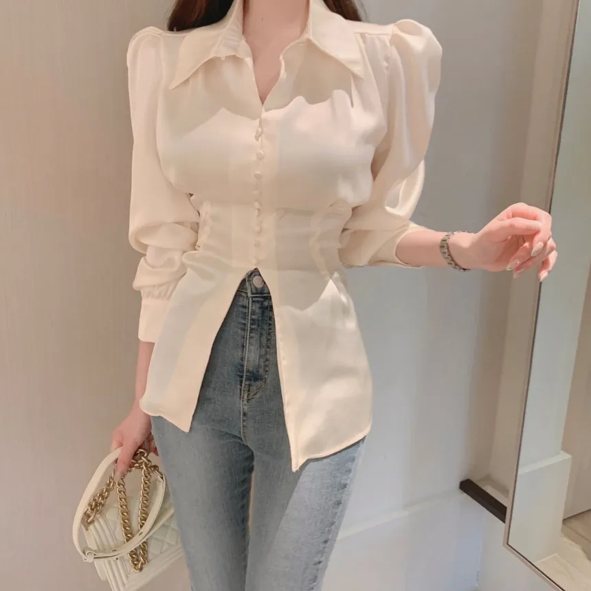 

Chic Stand Collar Bubble Sve irt Women's Ne Button up Waist Cinched Ba Knot Top Korean Sle Long Sve
