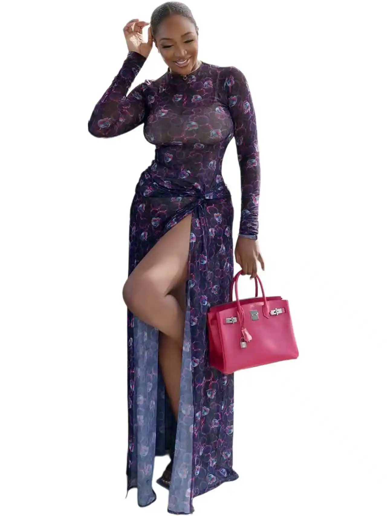 Y6067 ชุดเดรสแฟชั่นผู้หญิงใหม่ ประจำปี 2025 สำหรับฤดูใบไม้ร่วงและฤดูหนาว ดีไซน์หรูหรา ผ้าตาข่าย ผ่าสูง แขนยาว