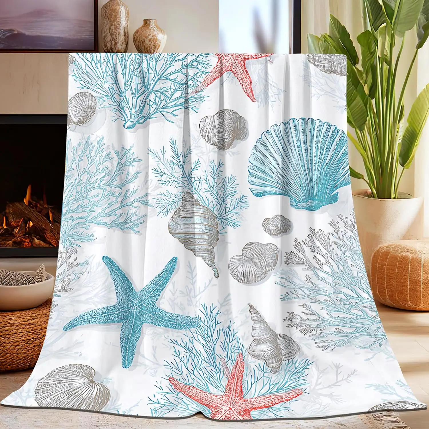 Fresh Hand Drawn Seashell Coral Starfish Ocean Element Flannel Blanket Soft Warm Throw for Couch Travel Beach Holiday Home Decor