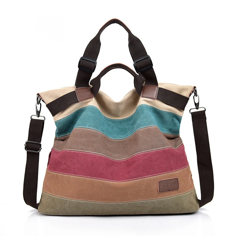 Hot Sell Women\'s Large Capacity Canvas Handbags Fashion Female Shoulder Bag New Rainbow Stripes Patchwork Crossbody Bag