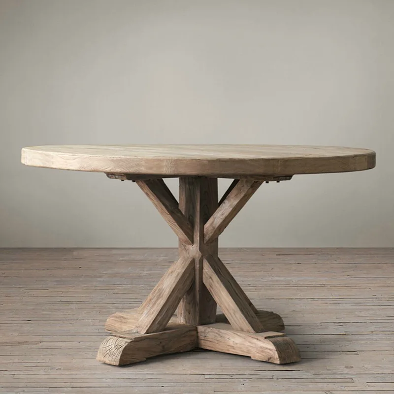 

French rural retro pure solid wood round dining table American nostalgic home living room floral round table chairs antique