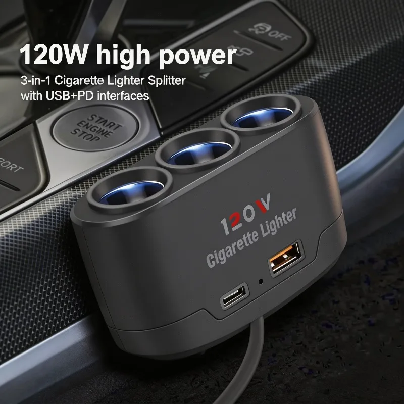 3 in 1 Car Cigarette Lighter Adapter PD Fast Charger USB Type C Multi Port Smart Charging Power Socket for Vehicle