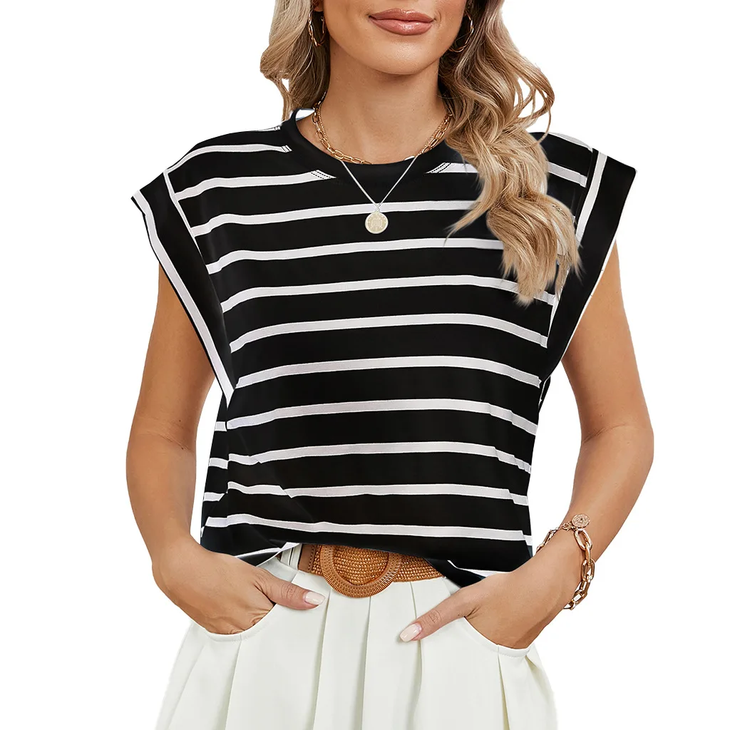 Tops for Women Trendy Summer Casual Short Sleeve Basic Textured Stripe Solid Color Round Neck T Shirts Blouse 2024