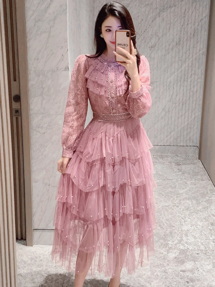 Smthma luxo moda flor malha bordado bolo vestido de alta qualidade feminino o pescoço manga longa plissado festa vestidos longos 2025