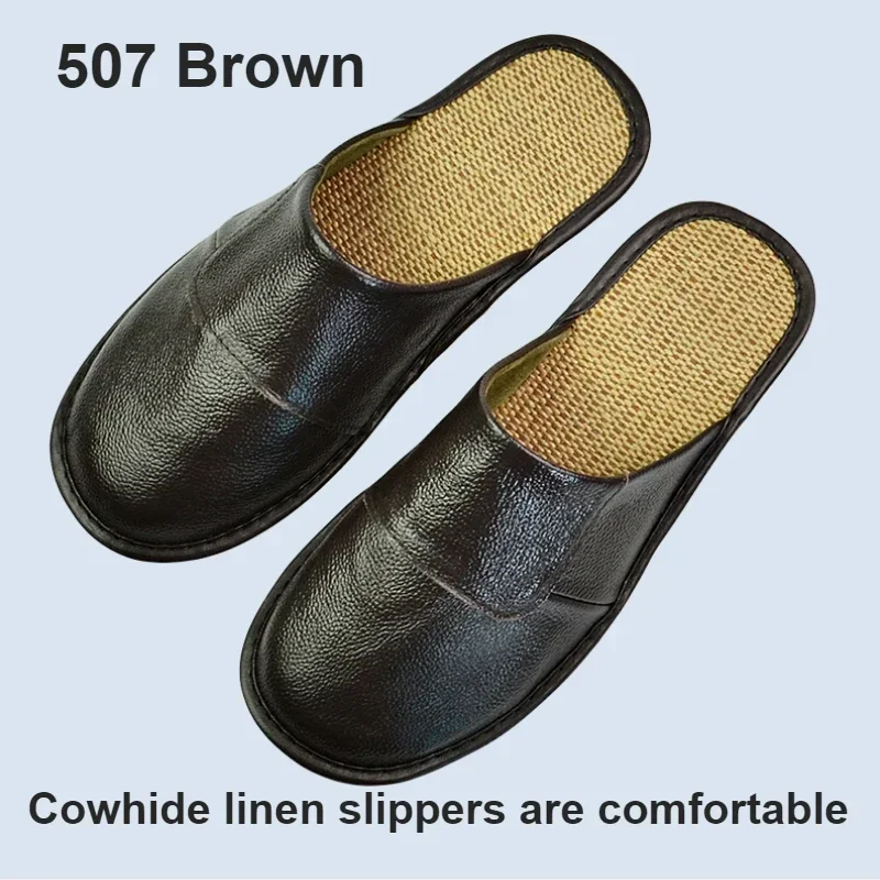 Genuine Cow Leather Linen Slippers Homes in indoor slipper Spring Autumn men women elderly non-slip casual single Slides shoes