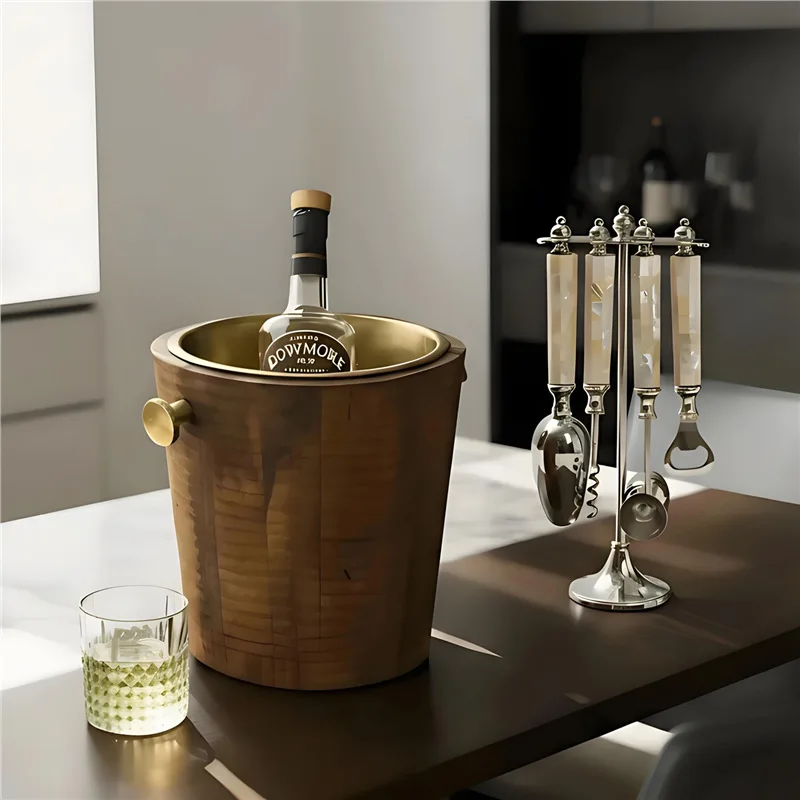 Indian wine set, high-end mango wooden ice bucket, wine barrel, storage beef bone bottle opener, color shell wine set