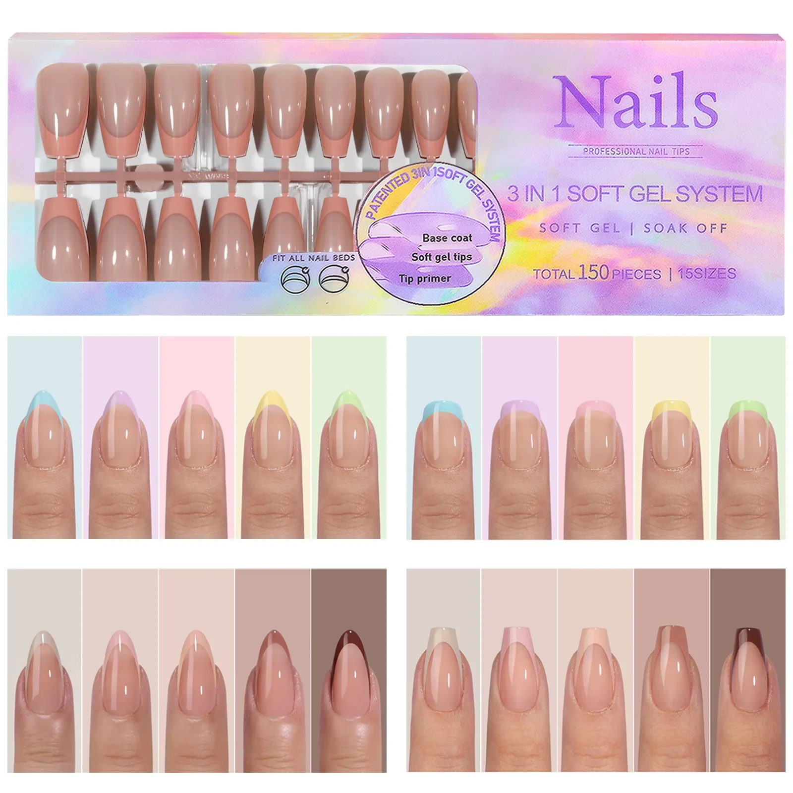 Faux ongles acryliques multi-tailles, 150 pièces, en forme d'amande, style français, armure parfaite, 6 couleurs, presse sur N64.