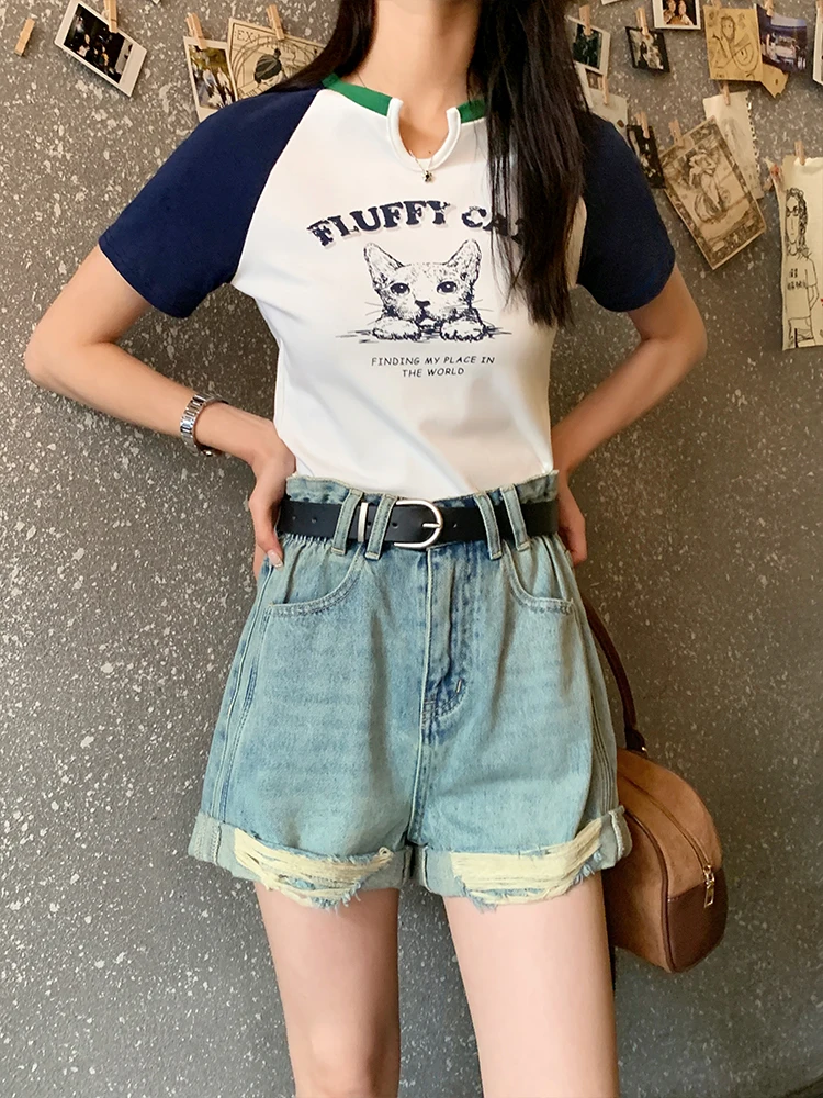 

Casual High Waist Wide Leg Jeans orts Light Blue Straight Cut Versatile Design Summer Faion Women's Premium Denim orts