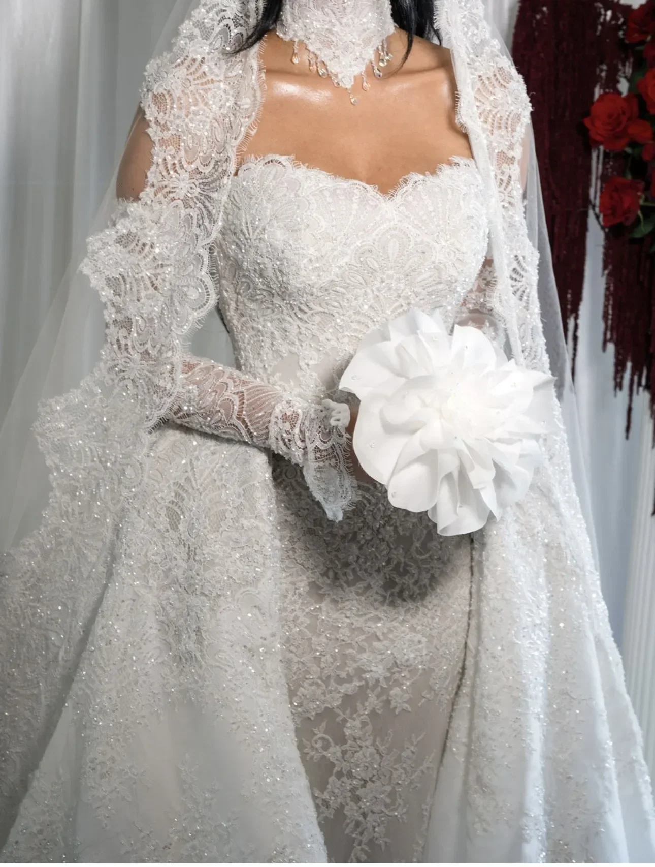Maßgeschneidertes Meerjungfrauen-Brautkleid mit Spitze, langen Ärmeln und abnehmbarer Schleppe, schulterfrei, Hochzeitskleid, Vestidos de Novia – Detail 6