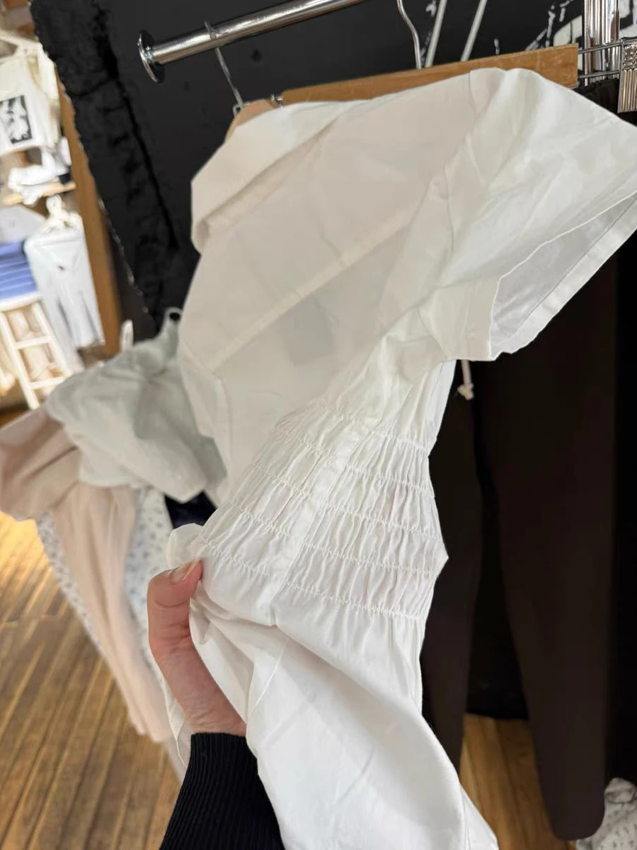 Witte elastische taille slanke T-shirt blouse dames kraag enkele rij knopen korte mouwen zomer preppy stijl zoete tees