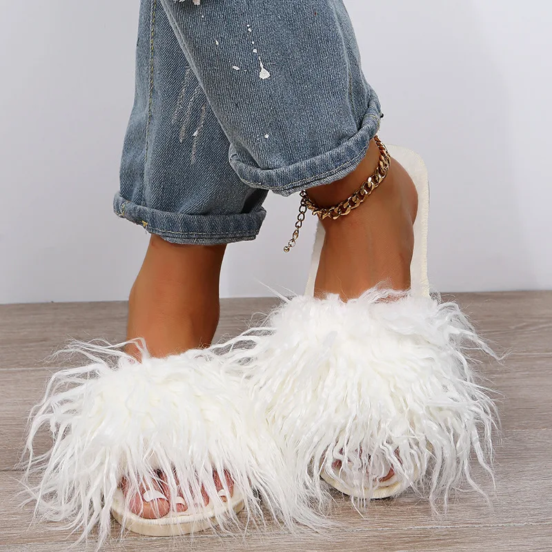 

Long-haired Slipper Women's Autumn and Winter New Style Open-toe Korean-style Fashionable and Simple One-shoulder Slippers，2025