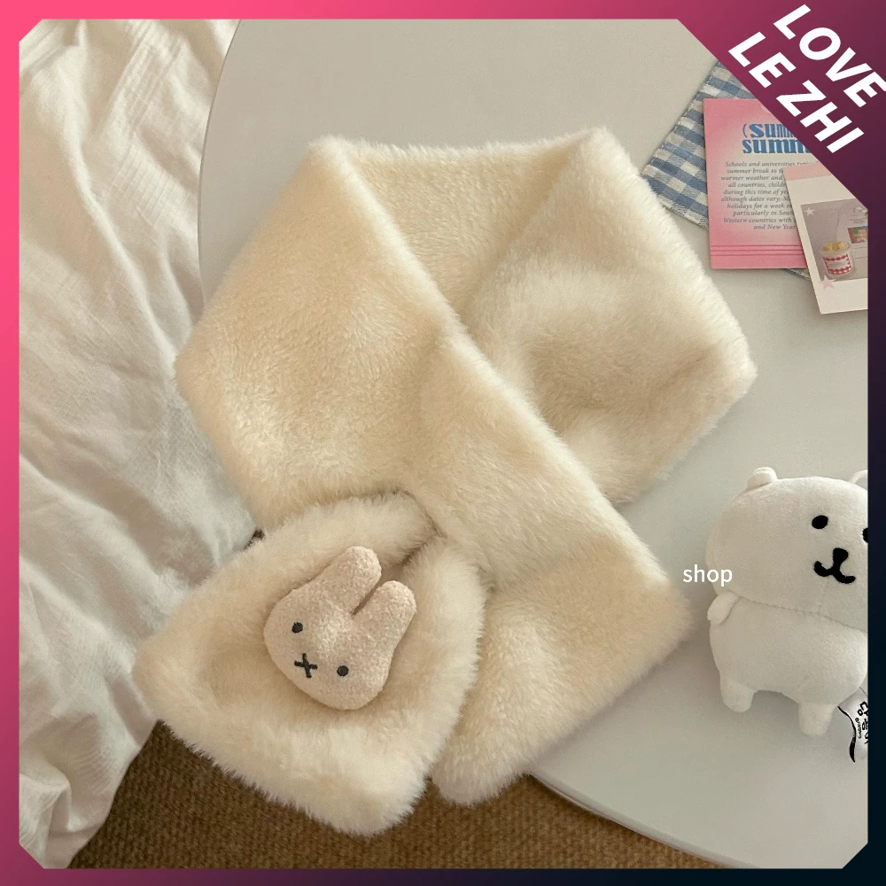 

Cartoon White Rabbit Women Winter Plush Keep Warm Scarf Fashion Cold Proof Windproof Soft Comfort Neckerchief Christma Gift