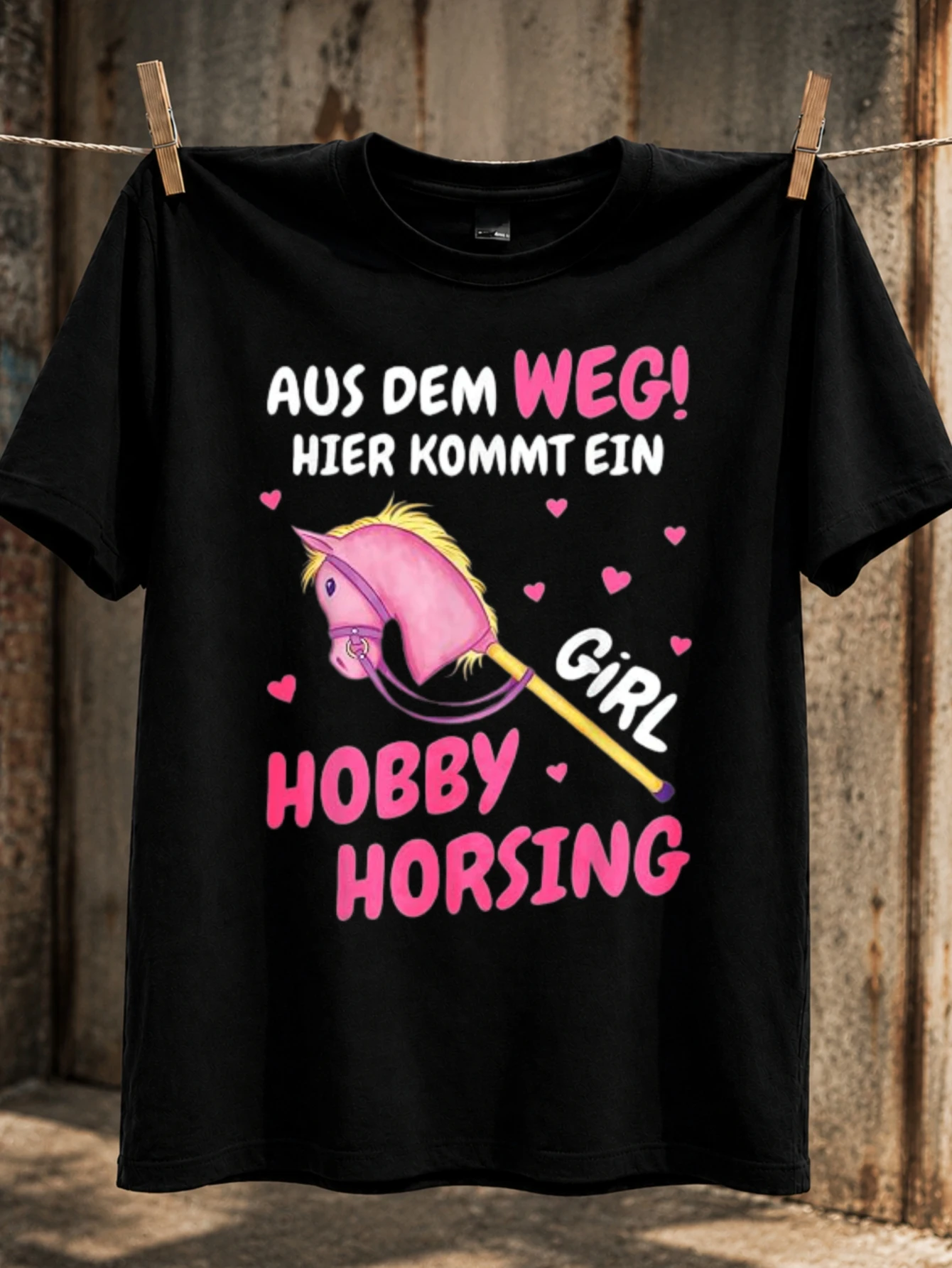Hobby Horsing Girl pink hobby horse and hearts with playful German lettering cute equestrian fun  Unisex All T-Shirt