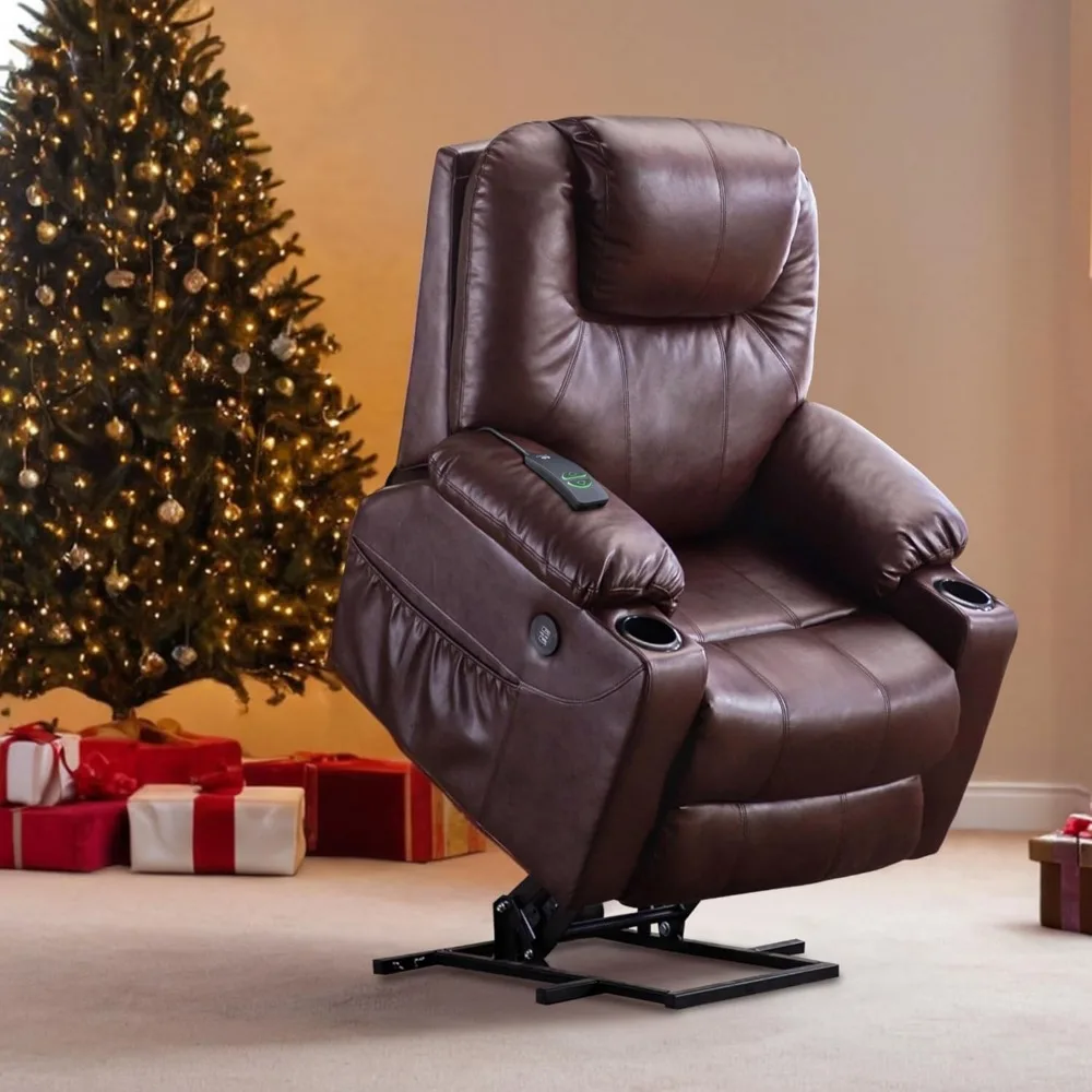 Electric Power Lift Recliner Chair Sofa with Massage and Heat for Elderly, 3 Positions, 2 Side Pockets, Cup Holders, Recliner