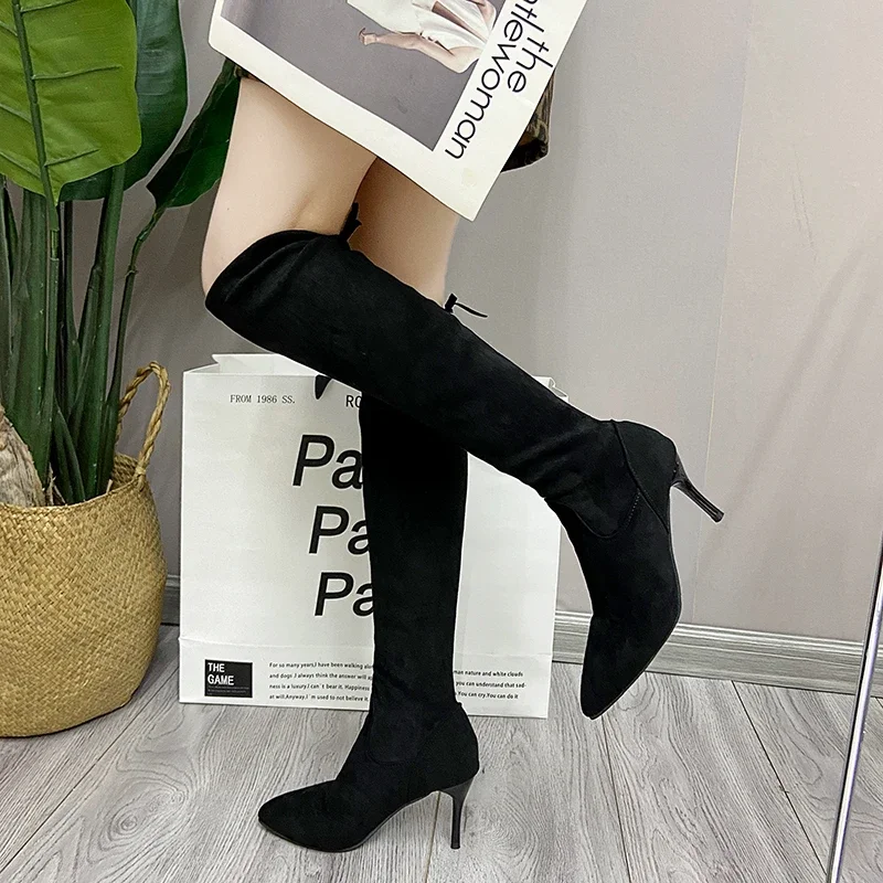 2024 New Fashionable and Comfortable Women's Black Lined Over-the-Knee Boots Autumn and Winter High Heels Stiletto Korean Style