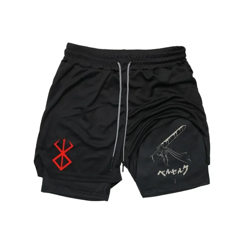 

2in1 Breathable Men Basketball Shorts GYM Basketball Running Quick-Drying Shorts Berserk Guts Print Fashion Summer khaki jorts