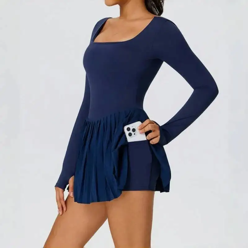 Sexy U-Back Sports Fitness Dress Women's Long Sleeve Tennis Dress With Anti-glare Shorts Quick Dry Running Pleated Skorts Dress