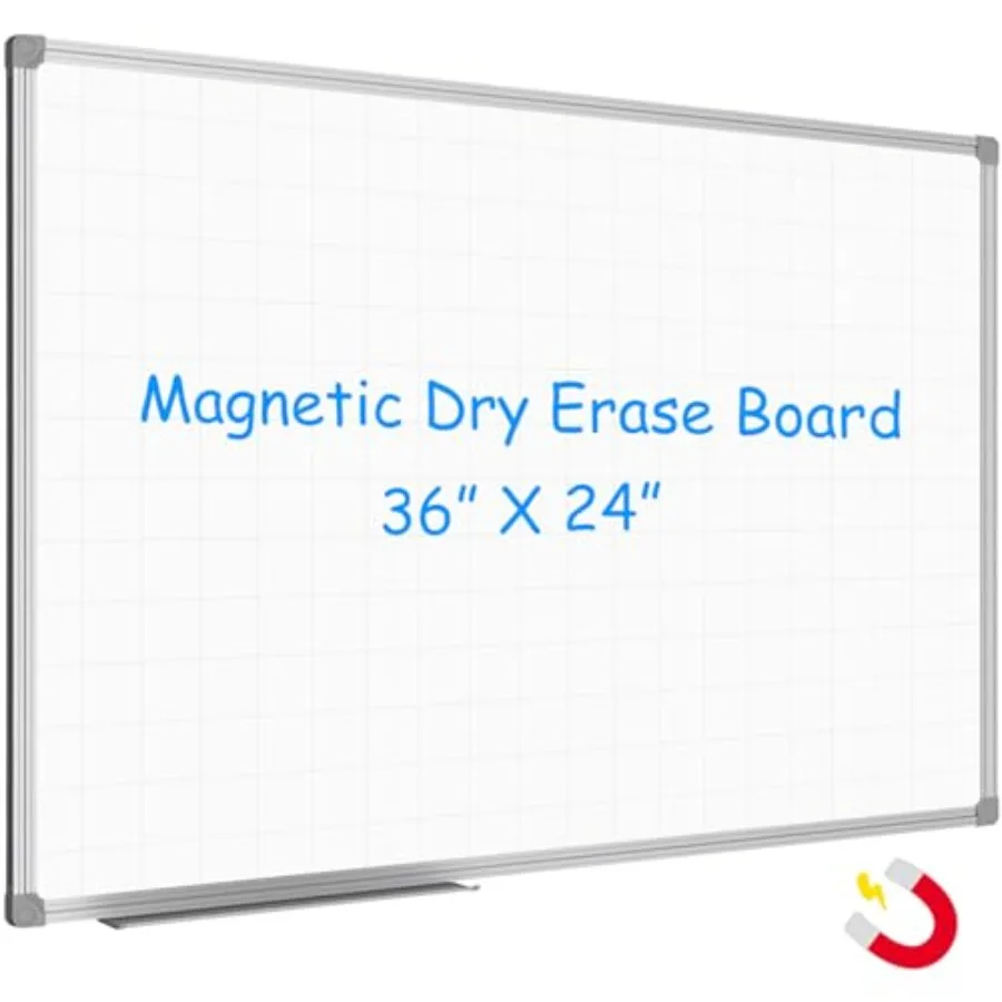 

Magnetic Dry Erase Planning Board, Grid Pattern White Board 36 x 24 Inch, Silver Aluminum Frame with Detachable Marker Tray for