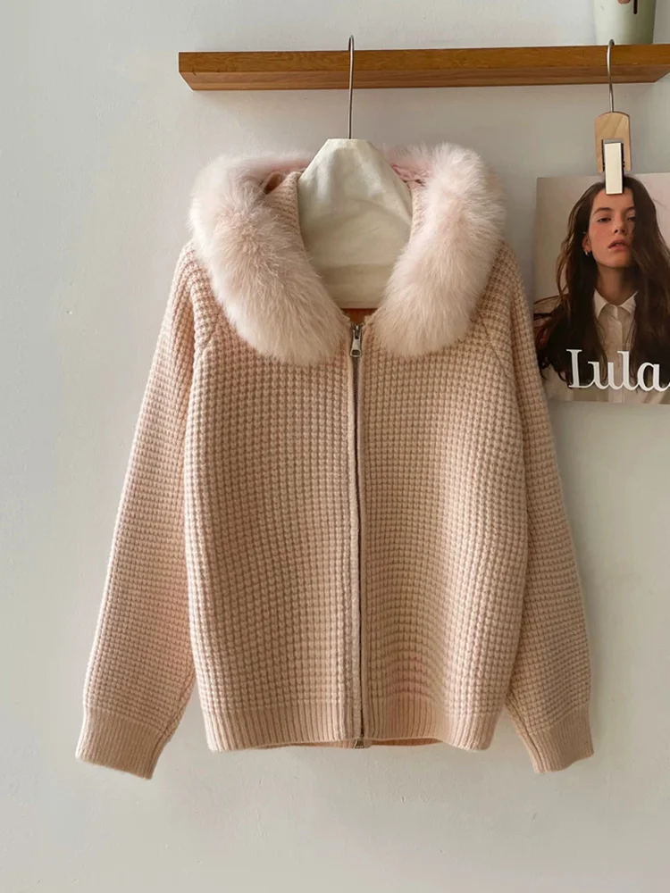 2026 Spring Autumn Women Natural Real Fox Fur Collar Cardigan Hooded Jacket Fur Decoration Lady's Sweater Coat - view 2