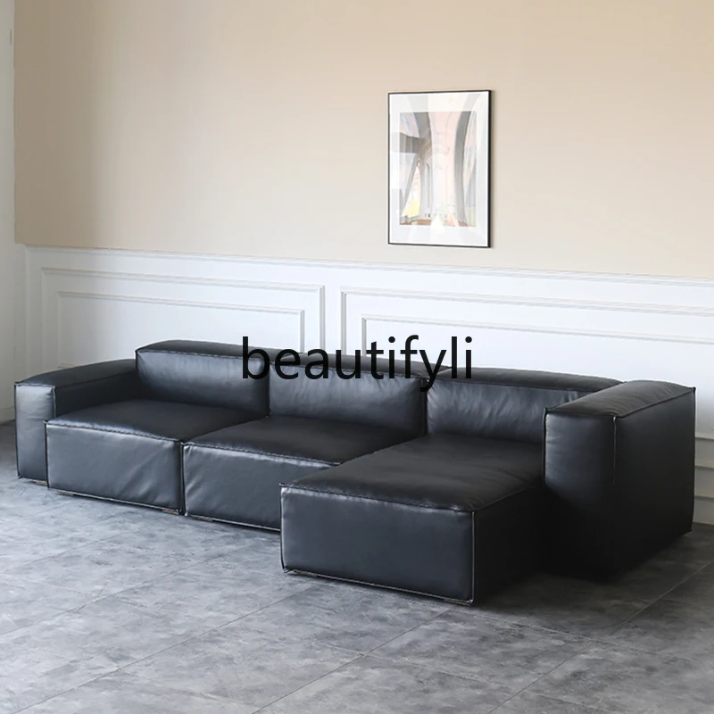 

Nordic leather sofa first layer cowhide all leather tofu block Italian leather sofa