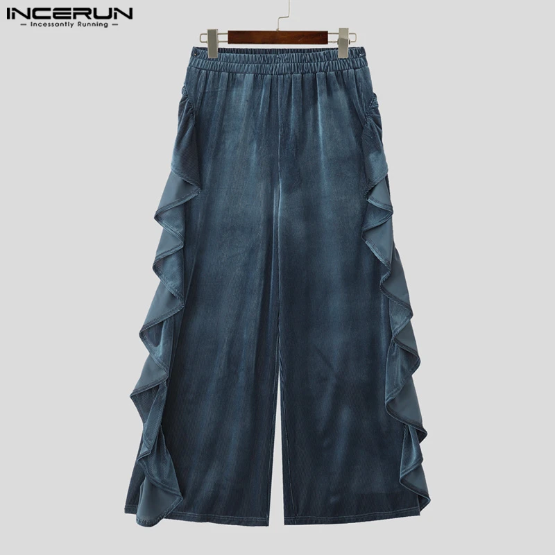 INCERUN الرجال السراويل بلون القطيفة مرونة الخصر ركض السراويل الرجال كشكش الشارع الشهير فضفاض موضة السراويل الطويلة غير رسمية S-5XL