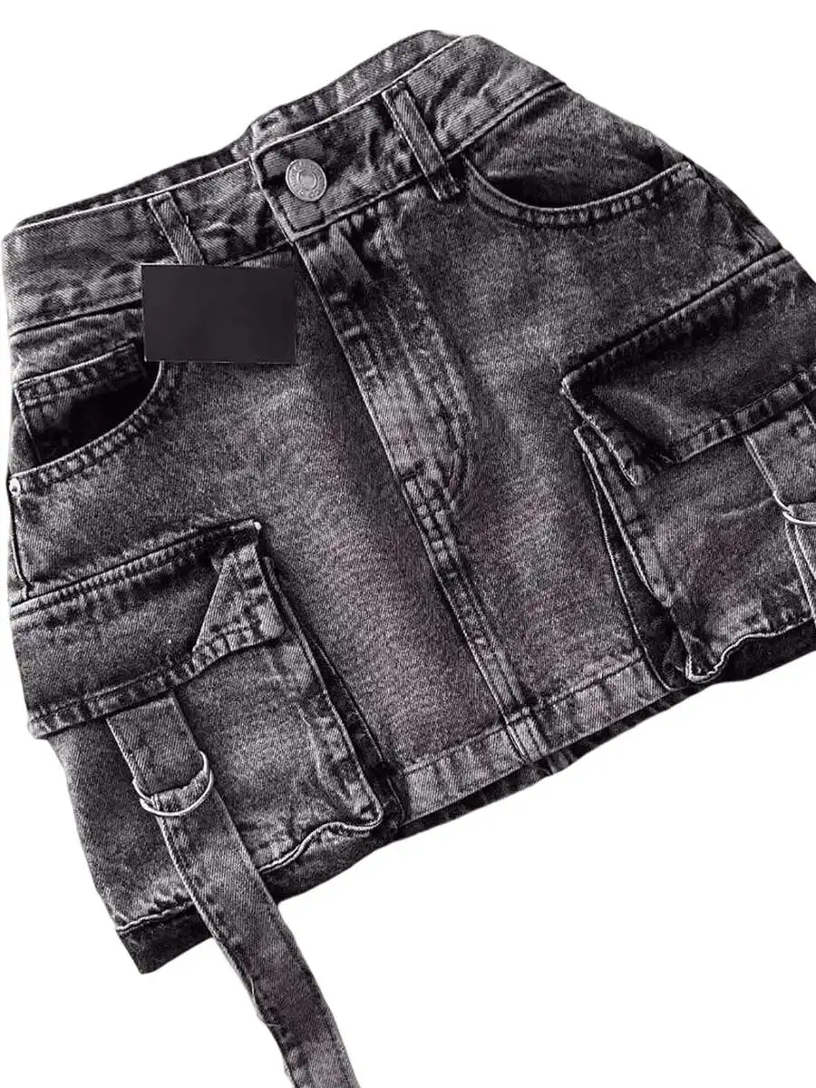 

Vintage Goth Black Y2k Mini Denim Skirt With Multiple Pockets Women Casual Streetwear
