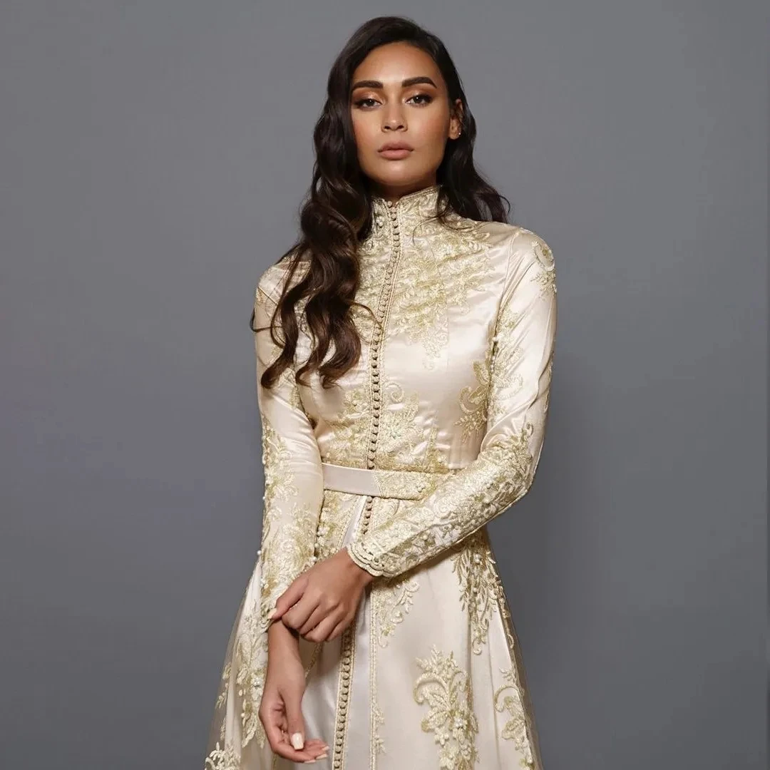 Champagne Moroccan Kaftan Muslim Evening Dresses A-line Long Sleeves Lace Dubai Arabic Turkey Caftan Abaya Islamic Gown