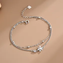 2022 Silver Color Double Layers Cherry Blossom Bracelets for Women Elegant Heart Chain Charm Bracelet Girl Birthday Party Gift