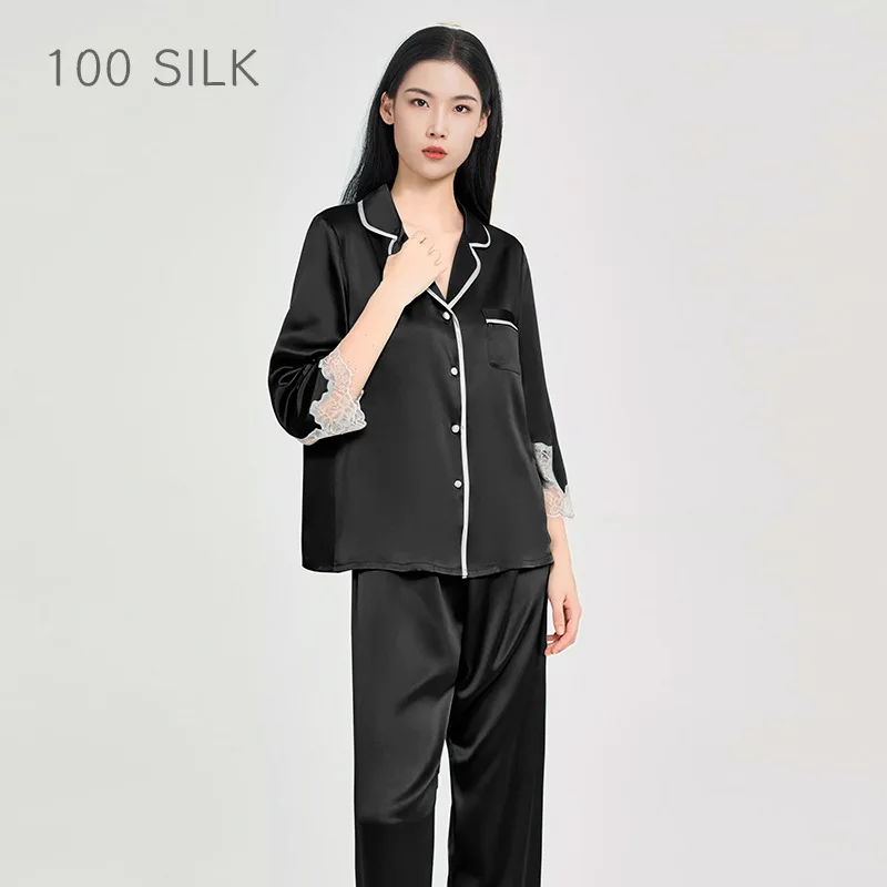 Winsleter-19MM 100%Real Silk Elegant Pajama Set, 3/4 Sleeve Lace, Women French Sweet Breathable Homewear, 2026 Autumn S69209CC