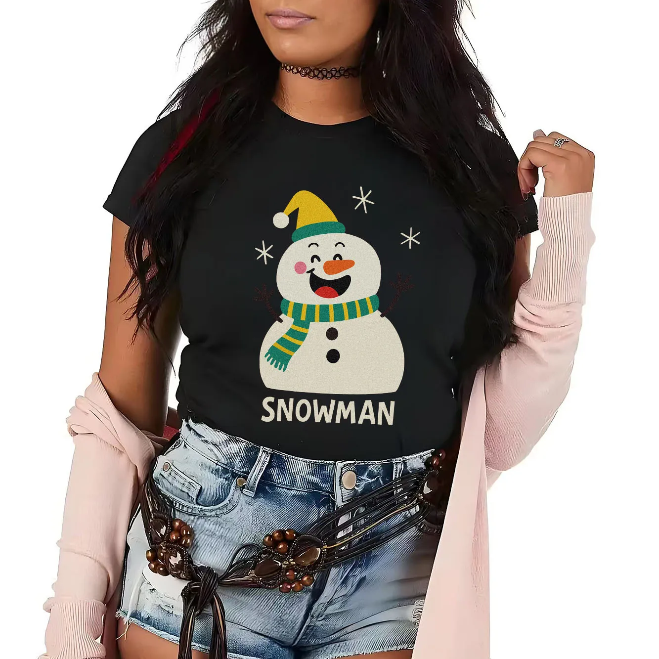 

Christmas snowman cartoon printed women's short sleeved holiday T-shirt with summer round neck suitable for daily versatility