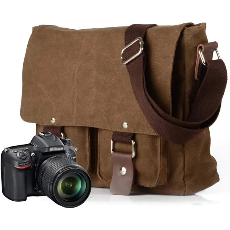 Vintage Waterproof Canvas and Leather Trim DSLR SLR Camera Shoulder Messenger Bag, Shock-Proof Design (Brown), Compatible Replac