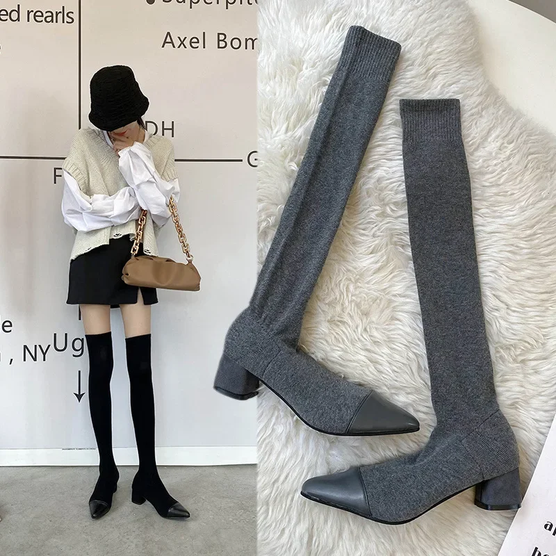 2021 Women Over The Knee High Sock Boots High Heels Nightclub Wedge Heels Woman Stretch Boots Winter Thight Slim Botas Mujer