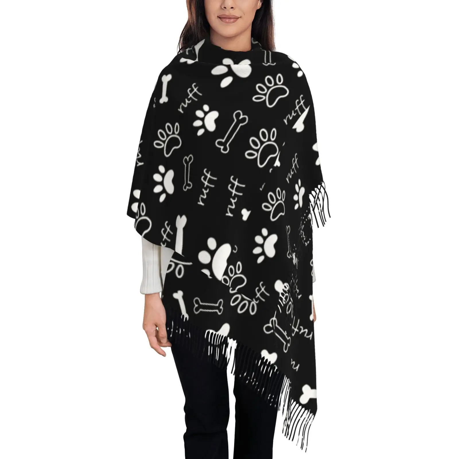 Women Dog Paw & Bone Print Shawl Scarf, Black Base Tassel Large Wrap, Soft Fashion Ladies Casual Cape Scarves