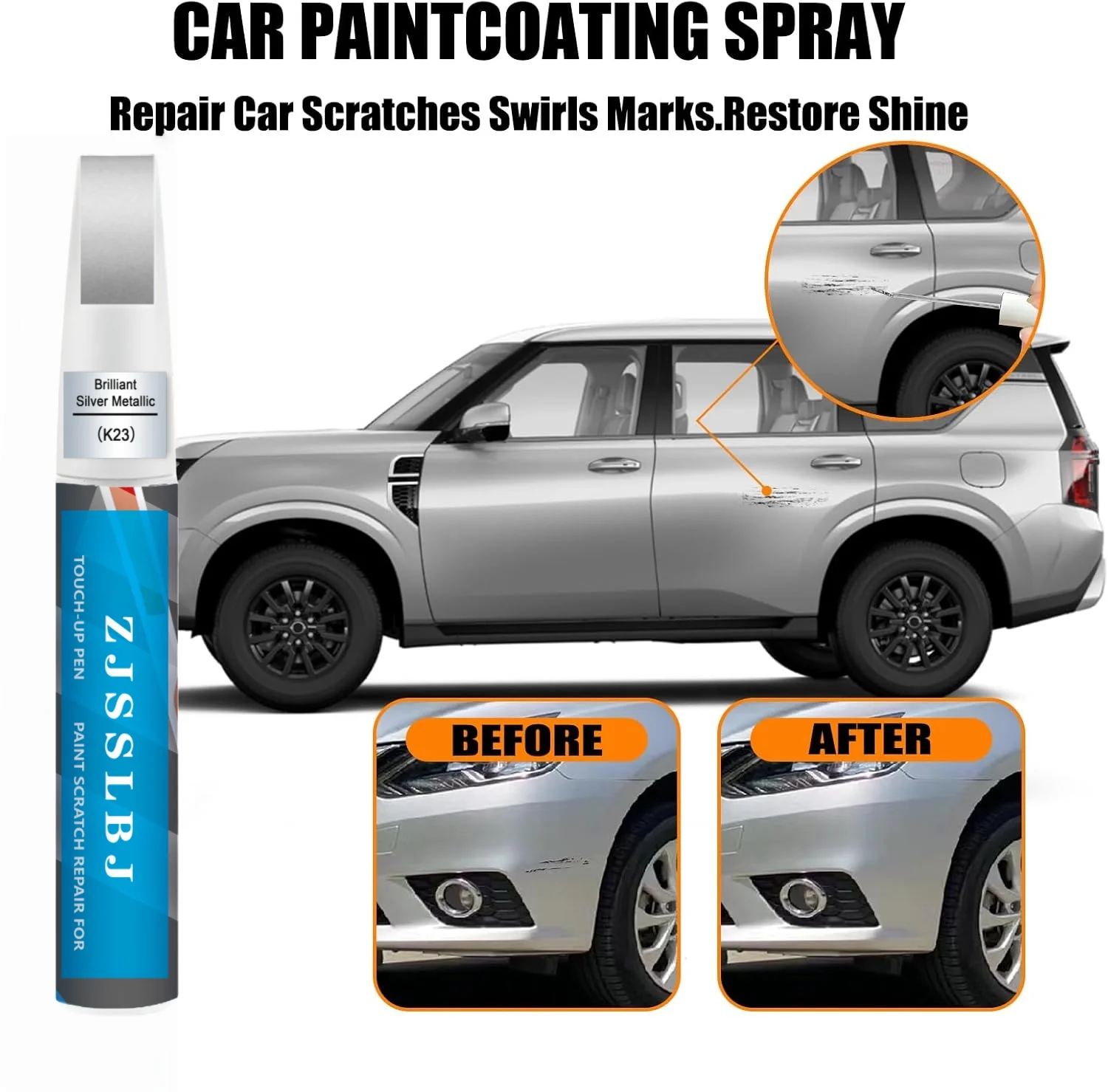 Car Touch Up Paint(Brilliant Silver Metallic(K23)) for Nissan, Car Paint Scratch Repair Kit, Quick & Easy Solution to Repair